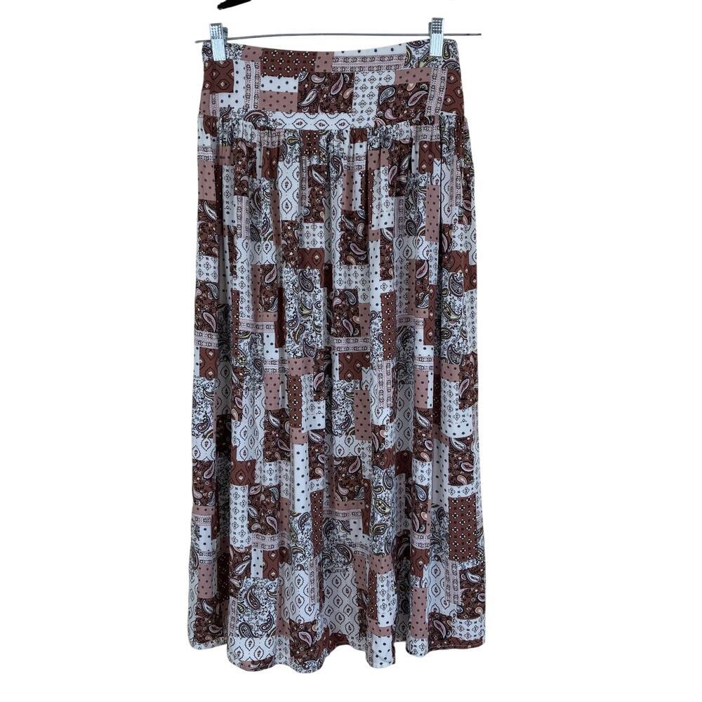 Natural Life Sz M Addie Floral Bandana Paisley Print Midi Skirt Brown Pink